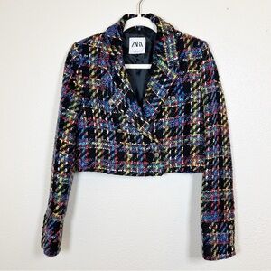 Zara Tweed Cropped Double Breasted Blazer Small Office Classic Plaid